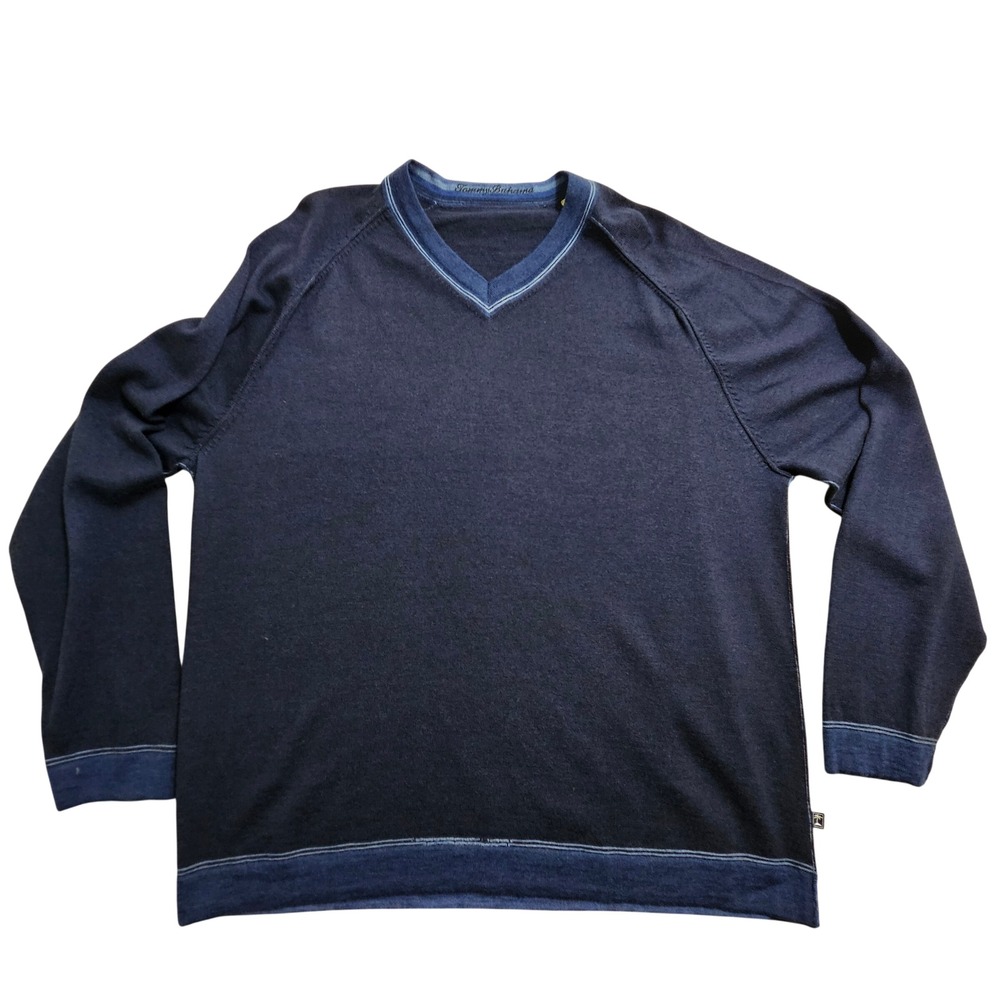 Tommy Bahama V-Neck Sweater Mens Large Navy Blue Extrafine Merino Wool Raglan
